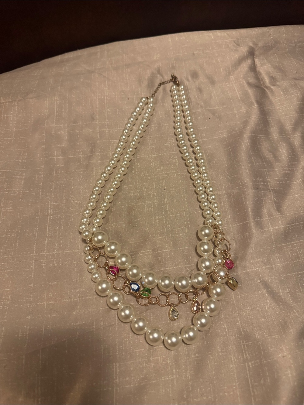 Source Unknown Pearl Multi-Strand Necklace with Colorful Gem Accents